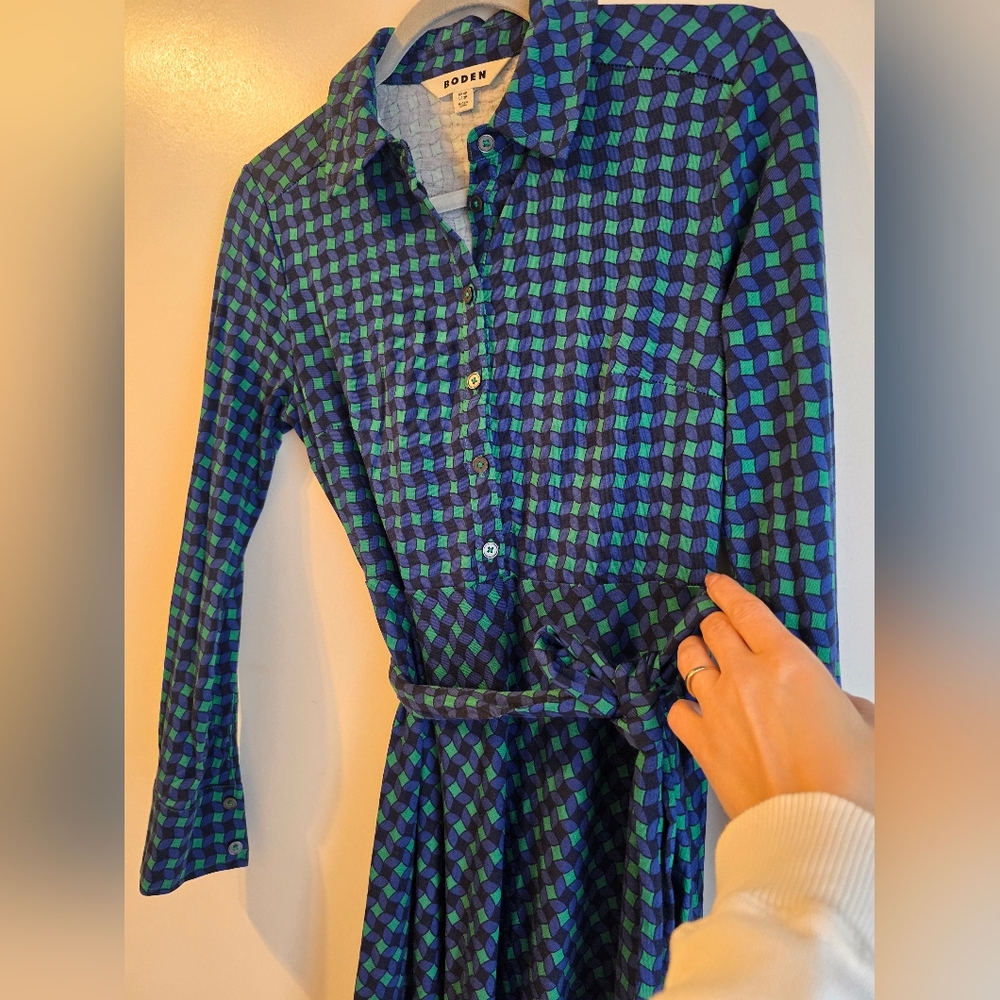 $145 Boden Laura Jersey Midi Shirt Dress Abstract Green Blue Sz 2P - Picture 9 of 10